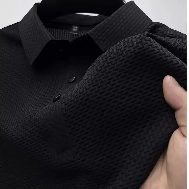 Summer New Men'S Lop-Up Hollow Short-Sleeved Polo Tee Shirt Ice Silk Breathable Business Fashion T-Shirt Male Brand Clothes