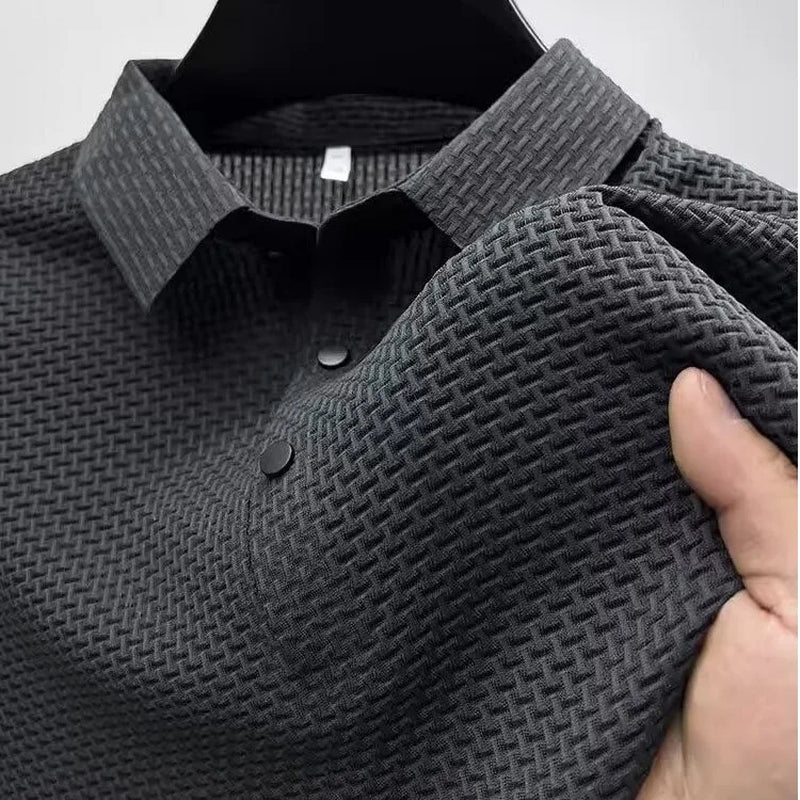 Summer New Men'S Lop-Up Hollow Short-Sleeved Polo Tee Shirt Ice Silk Breathable Business Fashion T-Shirt Male Brand Clothes