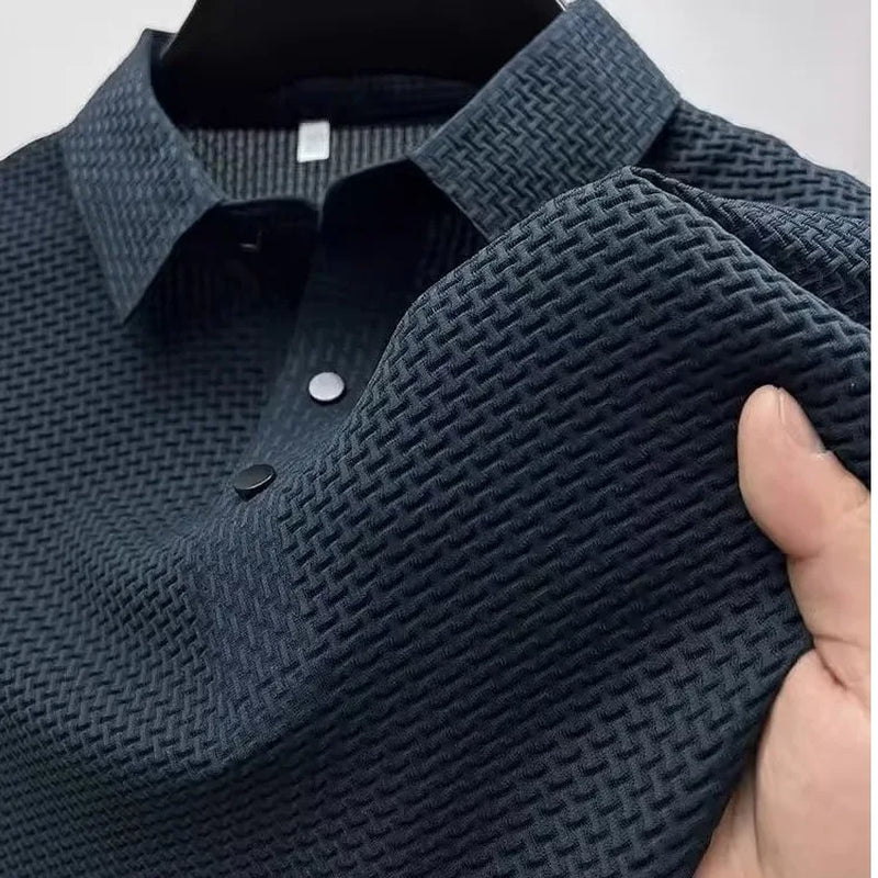 Summer New Men'S Lop-Up Hollow Short-Sleeved Polo Tee Shirt Ice Silk Breathable Business Fashion T-Shirt Male Brand Clothes