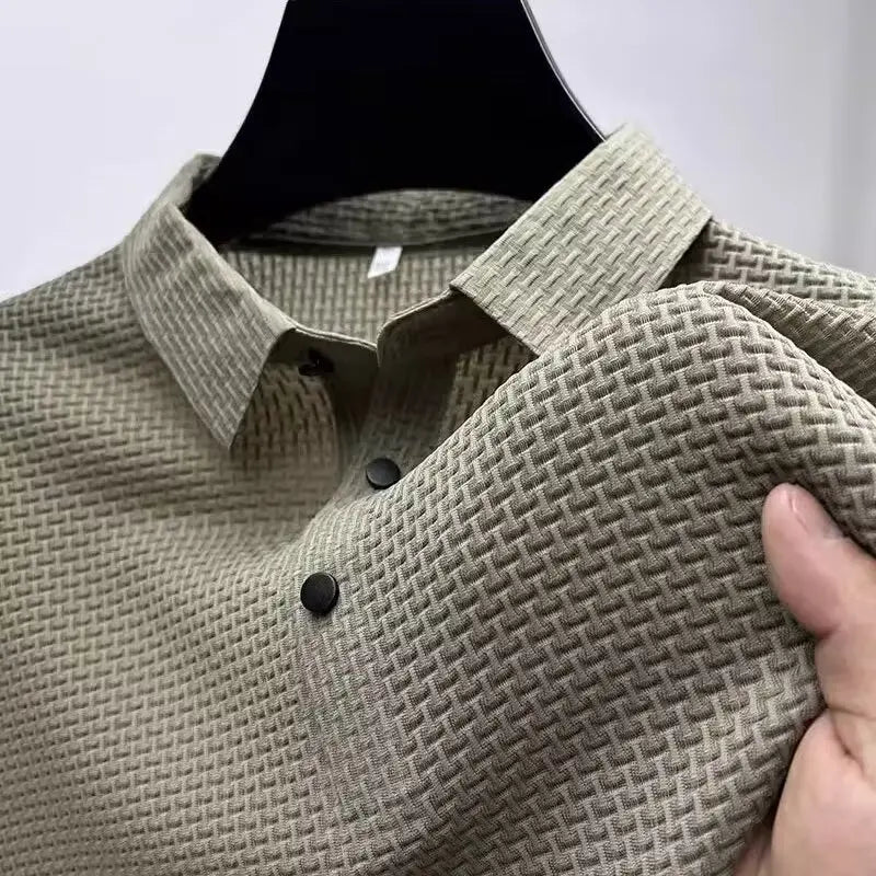Summer New Men'S Lop-Up Hollow Short-Sleeved Polo Tee Shirt Ice Silk Breathable Business Fashion T-Shirt Male Brand Clothes